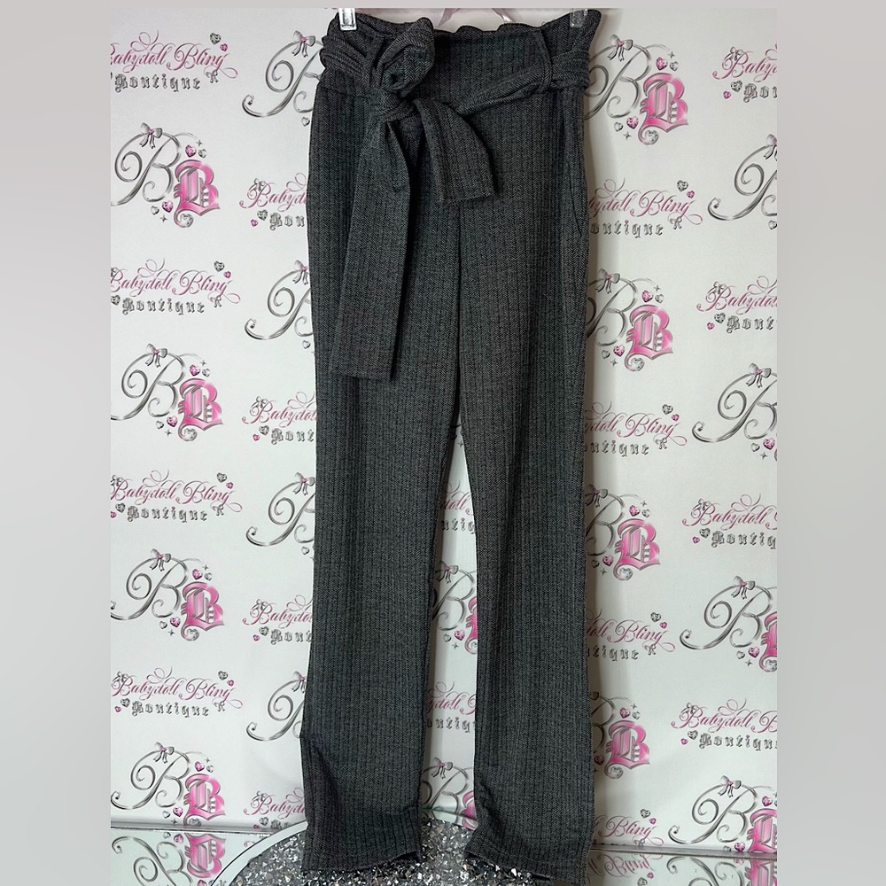 Leze the label pants tie up belted ribbon Gray Herringbone dress comfy Pants